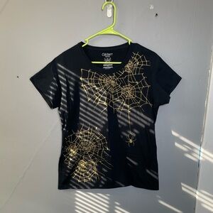 Gildan Soft Style women’s L gold glitter spiderweb Halloween t shirt spooky